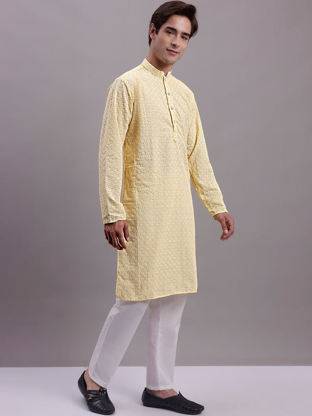 Men's Yellow Chikankari Embroidered And Sequin Kurta
