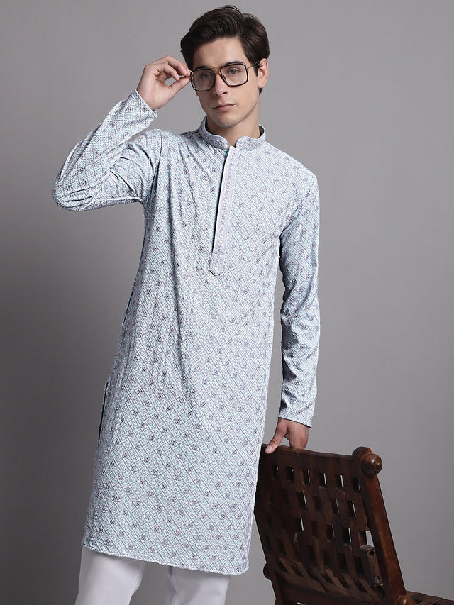 Men's Blue Chikankari Embroidered And Sequin Kurta