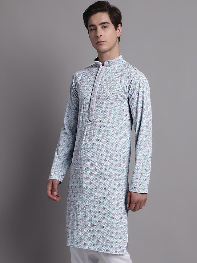 Men's Blue Chikankari Embroidered And Sequin Kurta