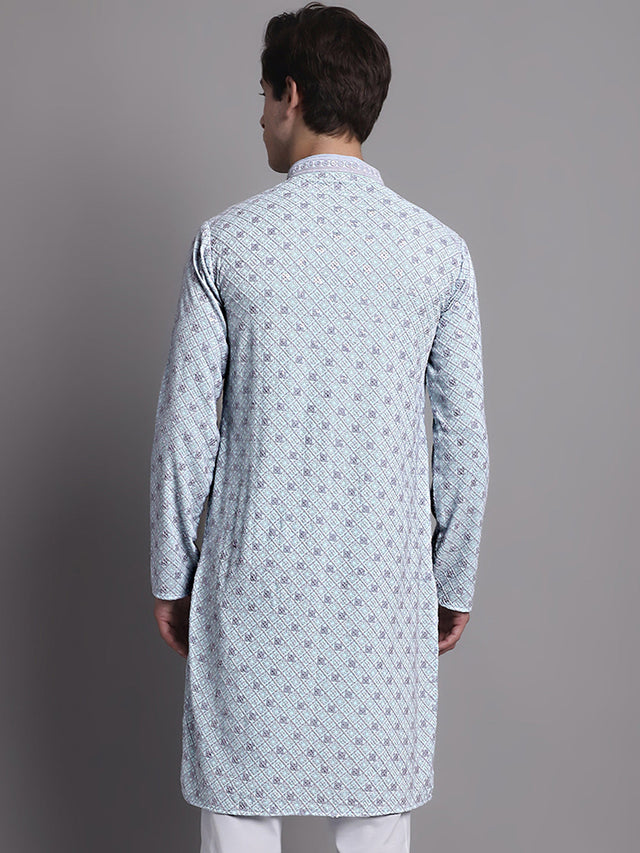Men's Blue Chikankari Embroidered And Sequin Kurta