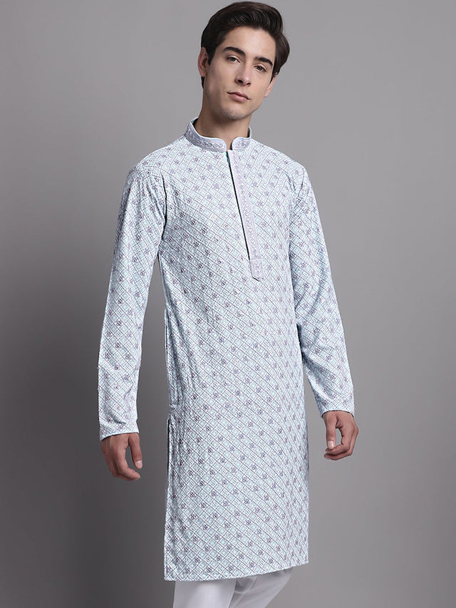 Men's Blue Chikankari Embroidered And Sequin Kurta