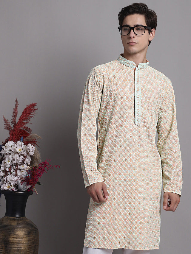 Men's Peach Chikankari Embroidered And Sequin Kurta