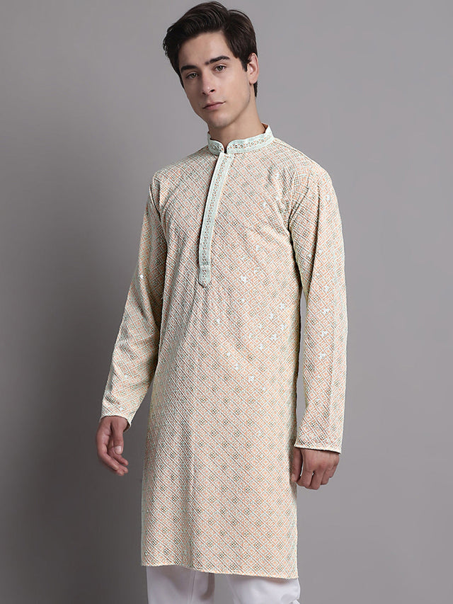 Men's Peach Chikankari Embroidered And Sequin Kurta