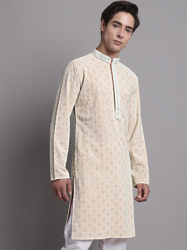 Men's Peach Chikankari Embroidered And Sequin Kurta
