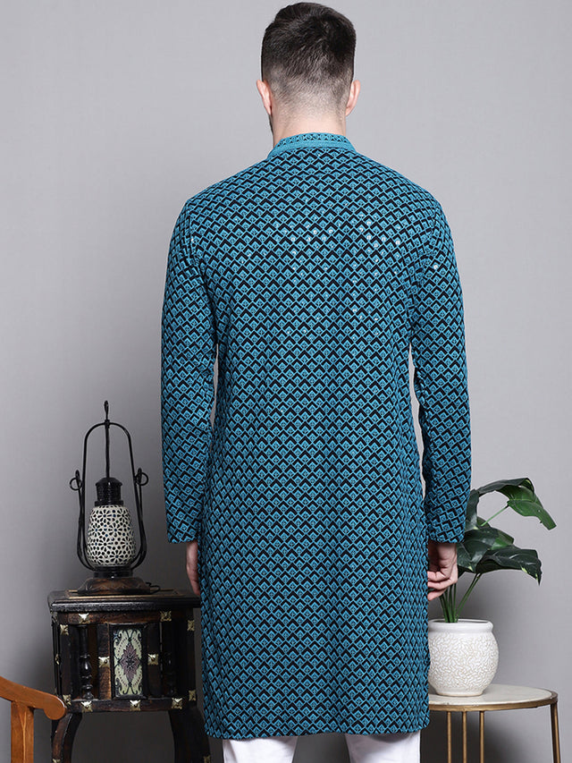 Men's Blue Sequin Embroidered Cotton Kurta