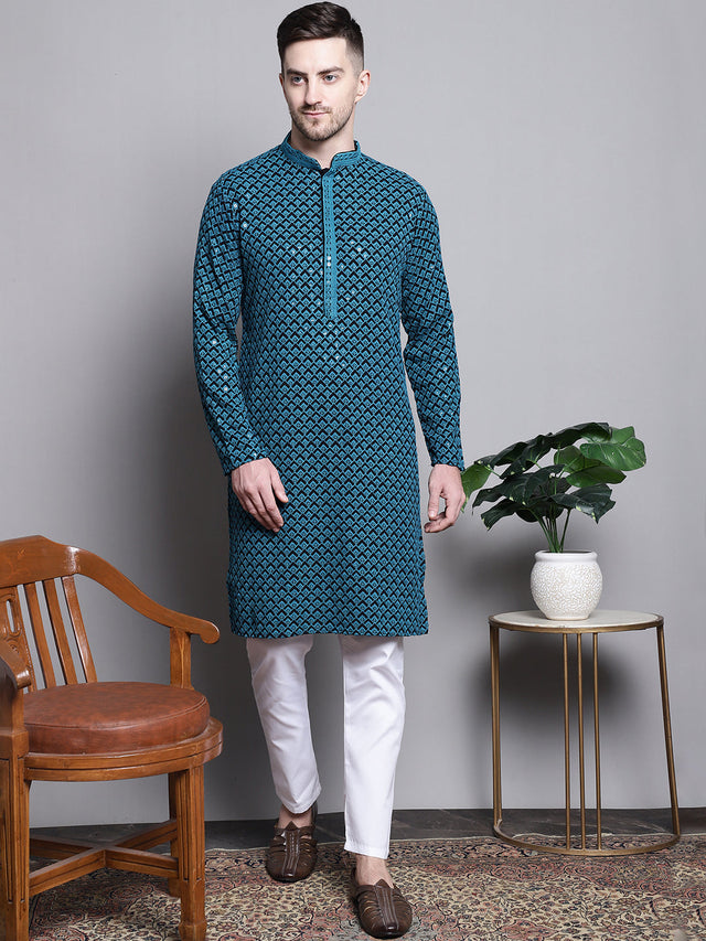 Men's Blue Sequin Embroidered Cotton Kurta