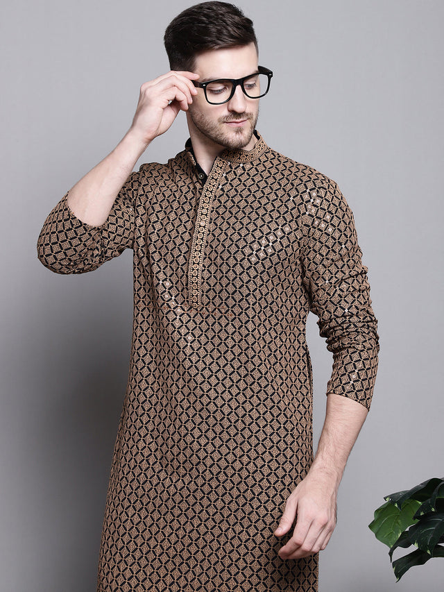 Men's Brown Sequin Embroidered Cotton Kurta