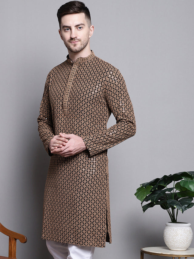 Men's Brown Sequin Embroidered Cotton Kurta