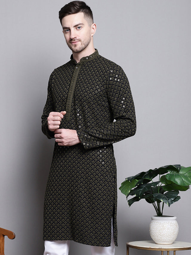 Men's Olive Sequin Embroidered Cotton Kurta