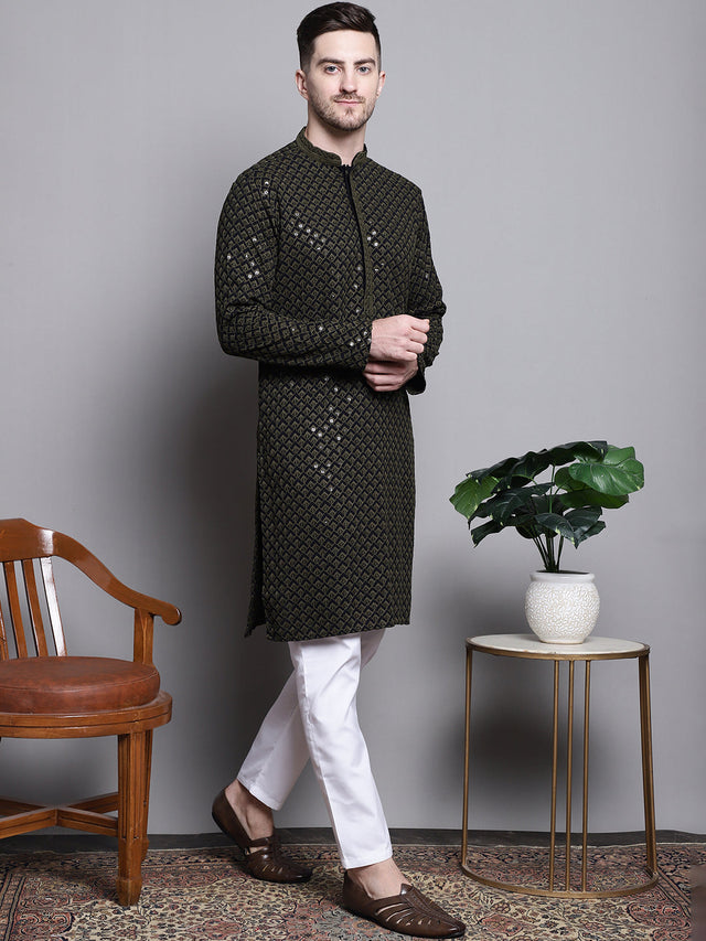 Men's Olive Sequin Embroidered Cotton Kurta