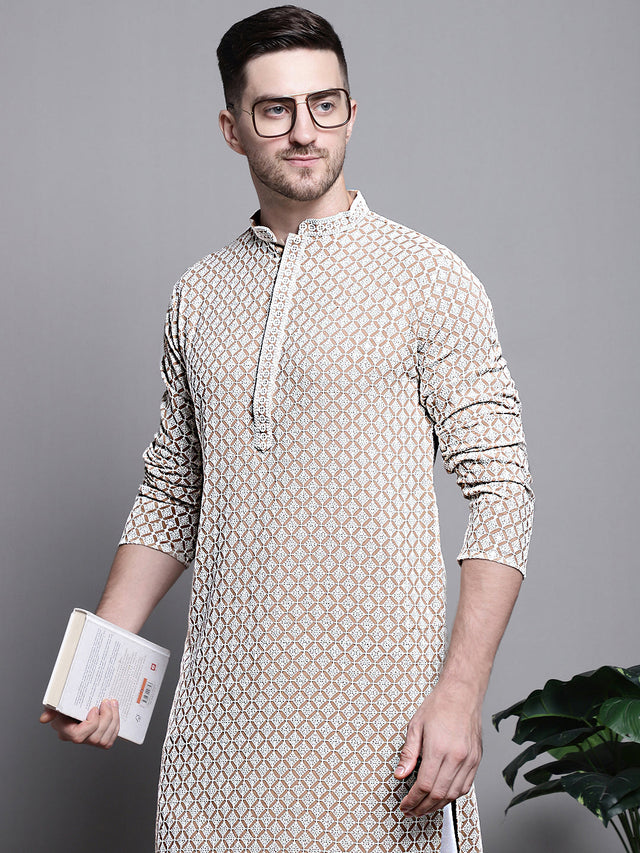 Men's Beige Sequin Embroidered Cotton Kurta