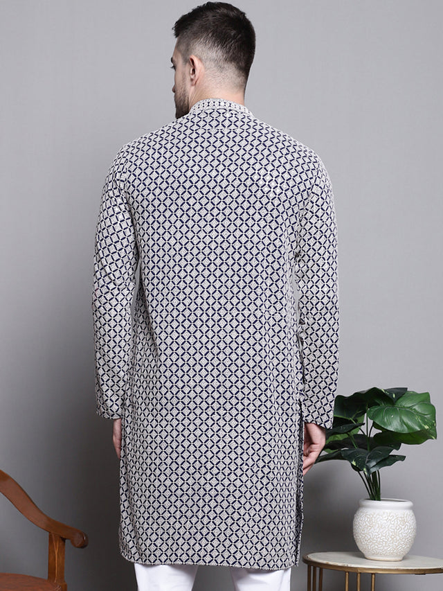 Men's Navy Sequin Embroidered Cotton Kurta