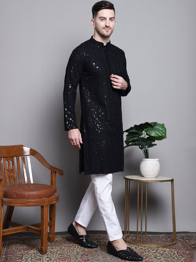 Men's Black Sequin Embroidered Cotton Kurta