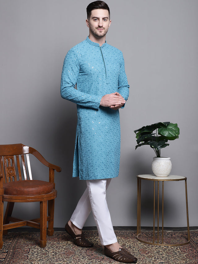Men's Blue Sequin Embroidered Cotton Kurta