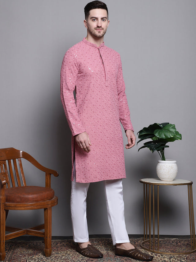 Men's Coral Sequin Embroidered Cotton Kurta