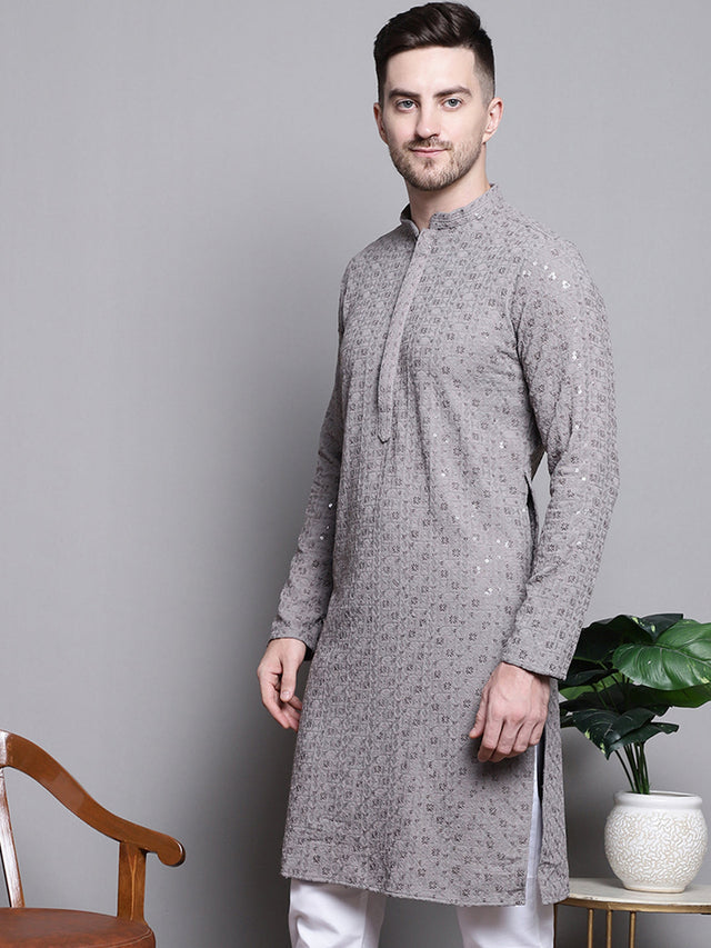 Men's Grey Sequin Embroidered Cotton Kurta