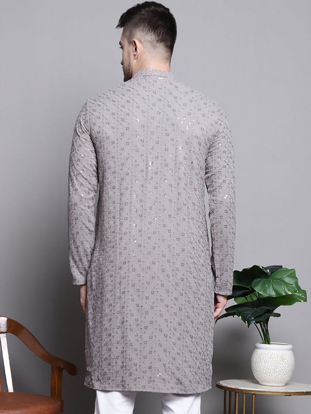 Men's Grey Sequin Embroidered Cotton Kurta