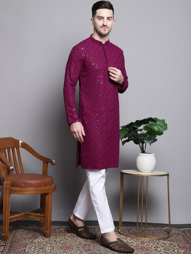 Men's Purple Sequin Embroidered Cotton Kurta