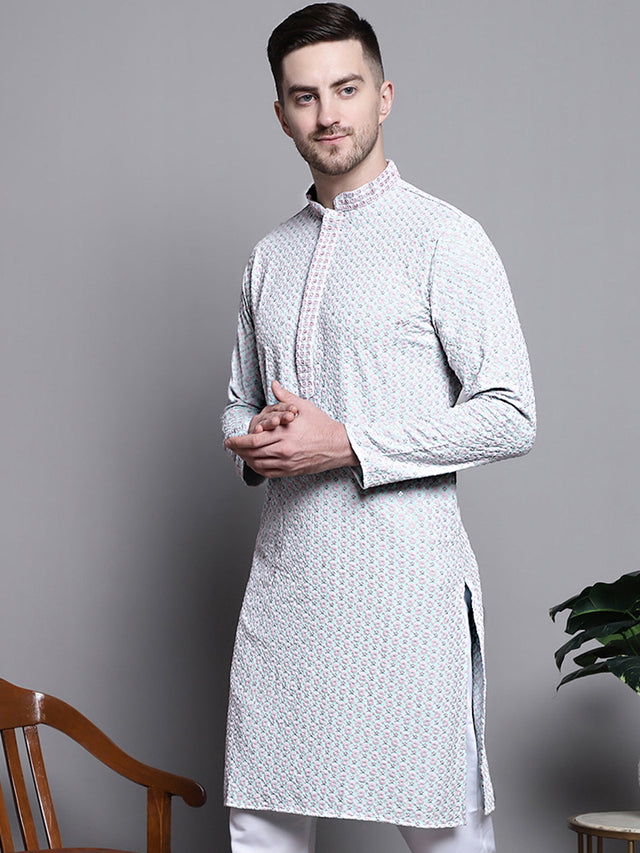 Men's Blue Sequin Embroidered Cotton Kurta
