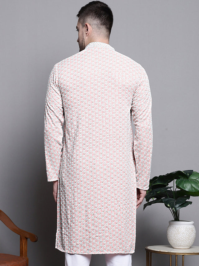 Men's Peach Sequin Embroidered Cotton Kurta