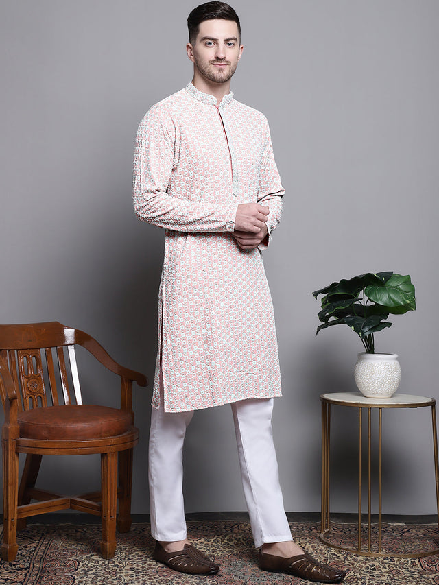 Men's Peach Sequin Embroidered Cotton Kurta