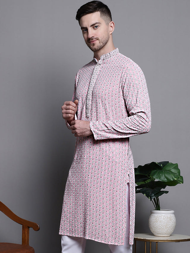 Men's Pink Sequin Embroidered Cotton Kurta