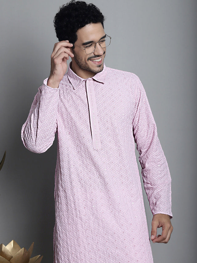 Men's Magenta Chikankari Embroidered And Sequin Kurta