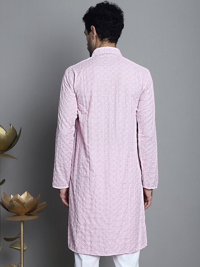 Men's Magenta Chikankari Embroidered And Sequin Kurta