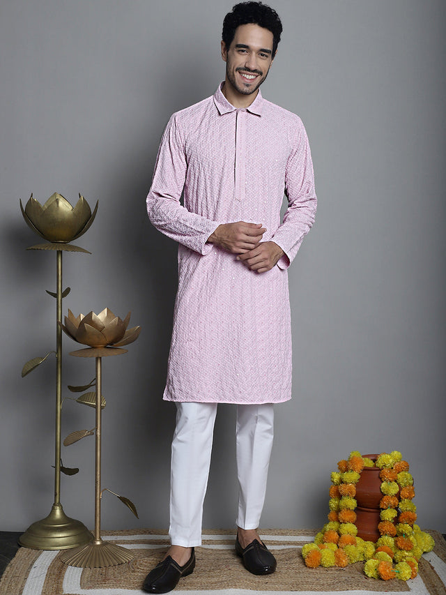 Men's Magenta Chikankari Embroidered And Sequin Kurta