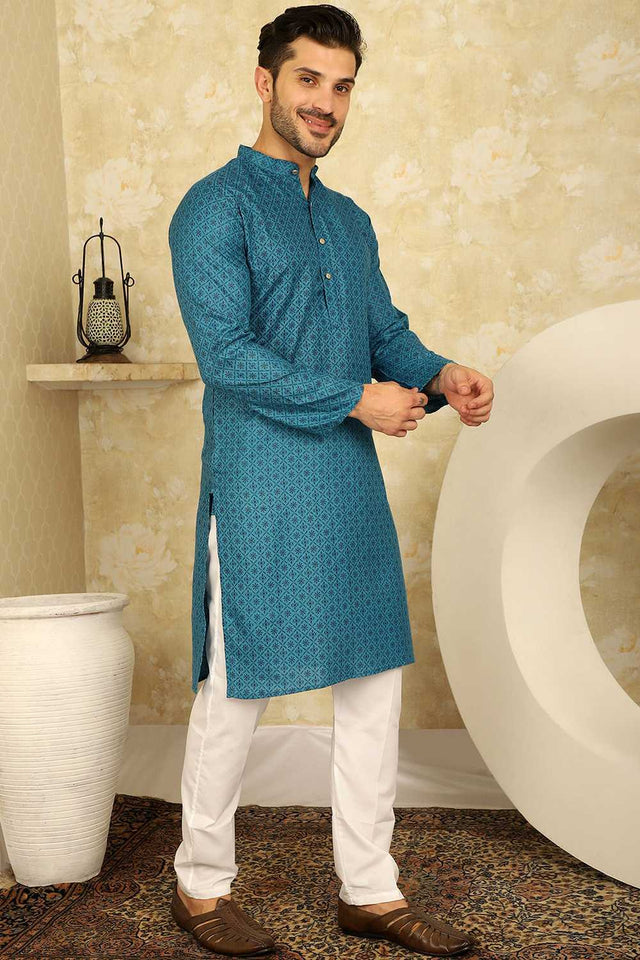 Blue Printed Cotton Men's Kurta Tops