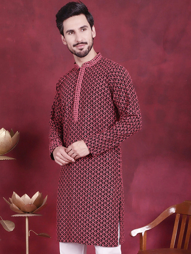 Men's Magenta Sequins Embroidered Kurta