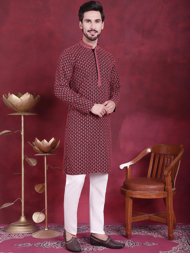 Men's Magenta Sequins Embroidered Kurta