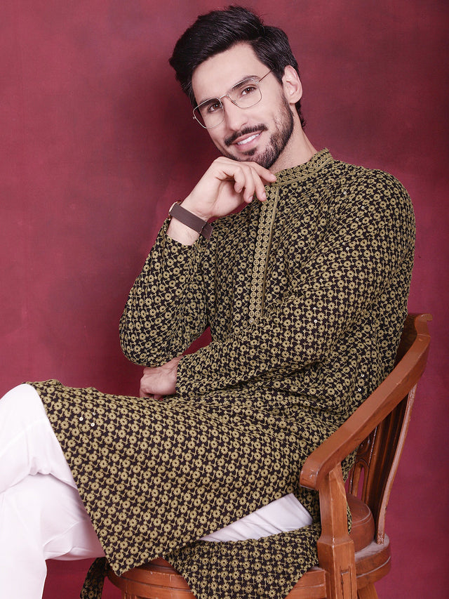 Men's Olive Sequins Embroidered Kurta