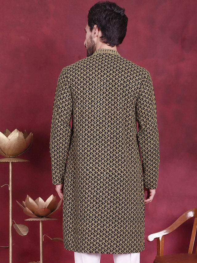 Men's Olive Sequins Embroidered Kurta