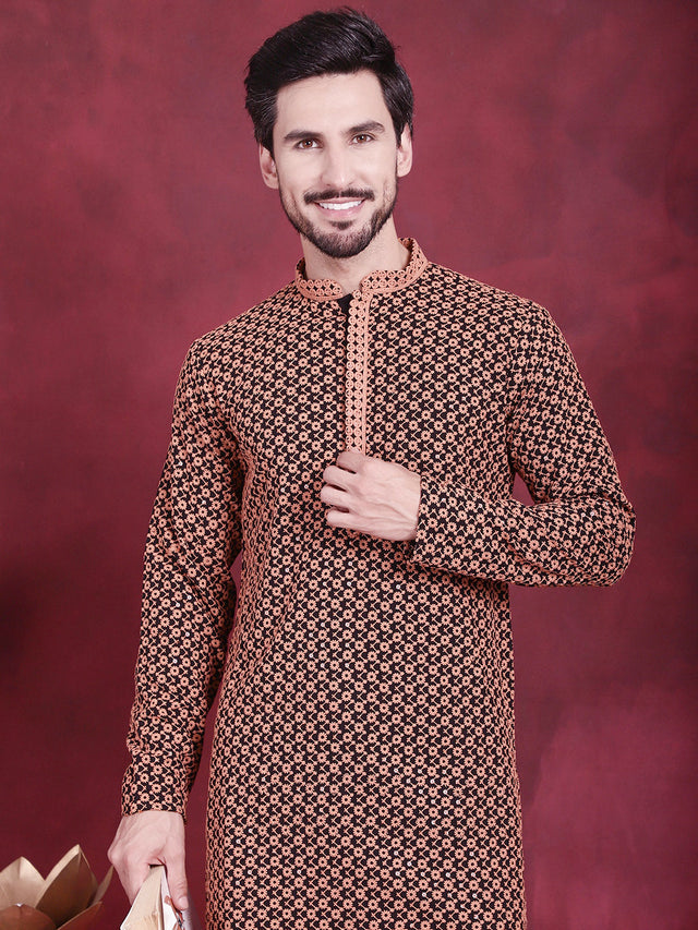 Men's Orange Sequins Embroidered Kurta