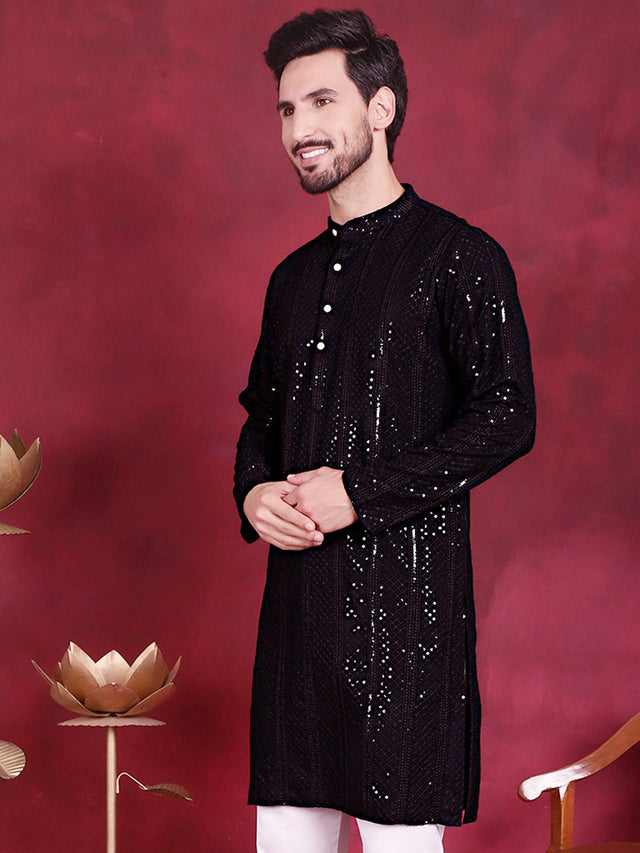 Men's Black Sequins Chikankari Embroidered Kurta