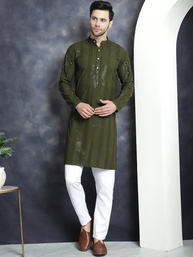 Men's Olive Sequins Chikankari Embroidered Kurta