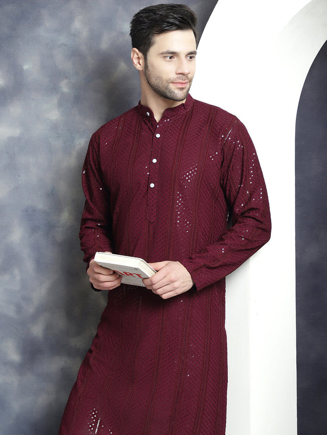 Men's Purple Sequins Chikankari Embroidered Kurta