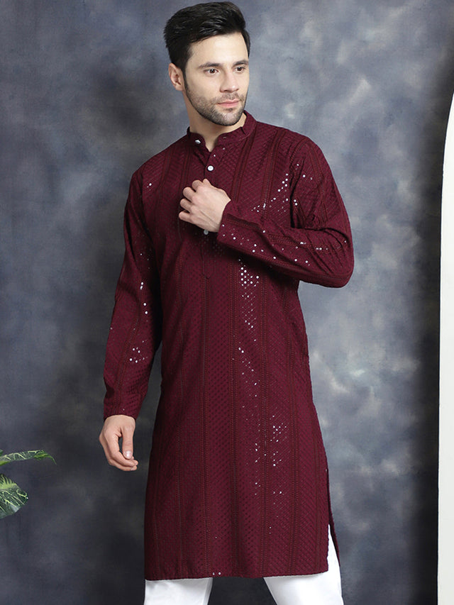 Men's Purple Sequins Chikankari Embroidered Kurta