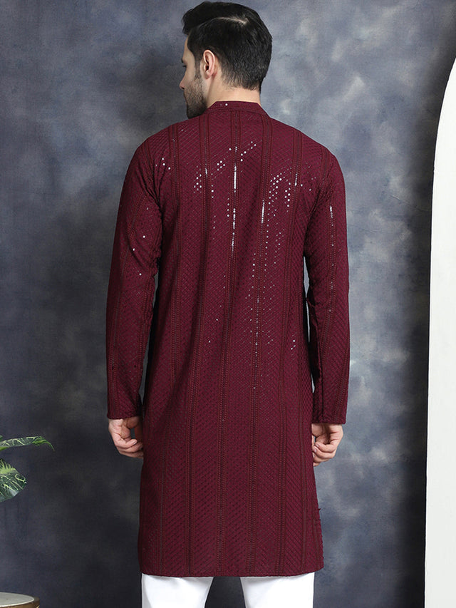 Men's Purple Sequins Chikankari Embroidered Kurta