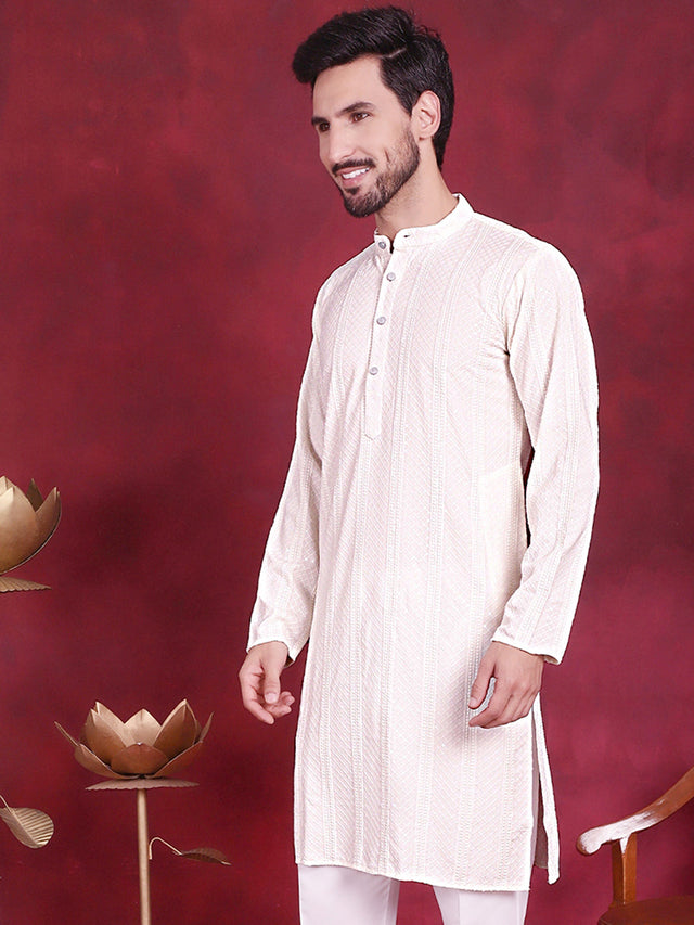 Men's White Sequins Chikankari Embroidered Kurta