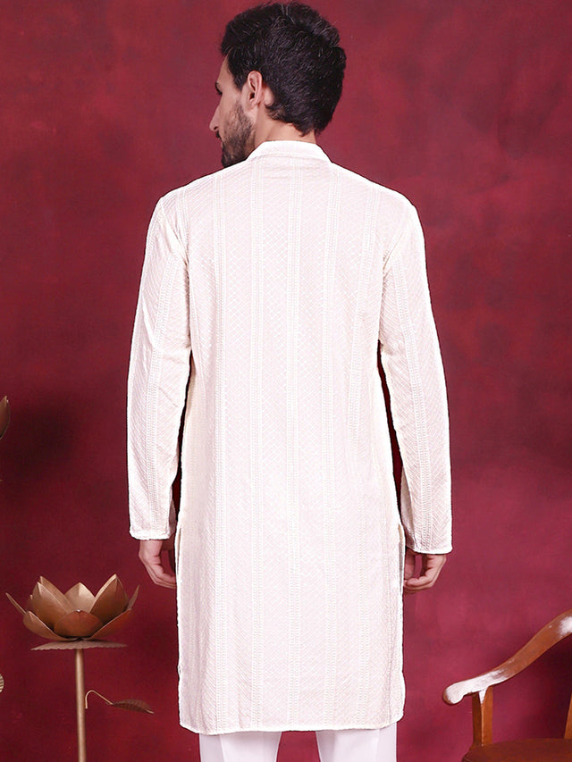 Men's White Sequins Chikankari Embroidered Kurta