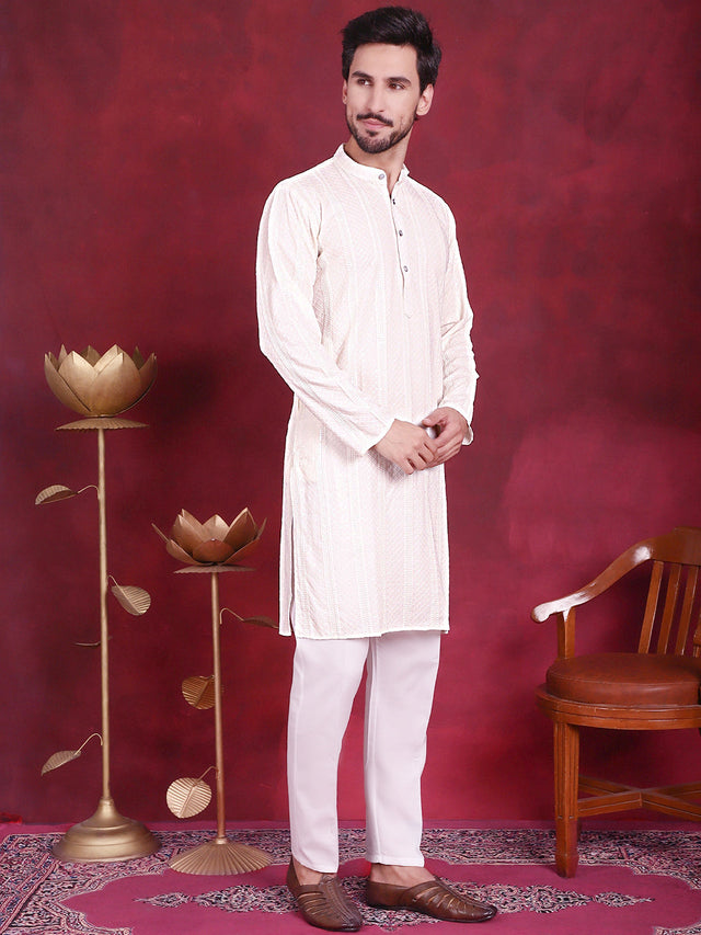 Men's White Sequins Chikankari Embroidered Kurta
