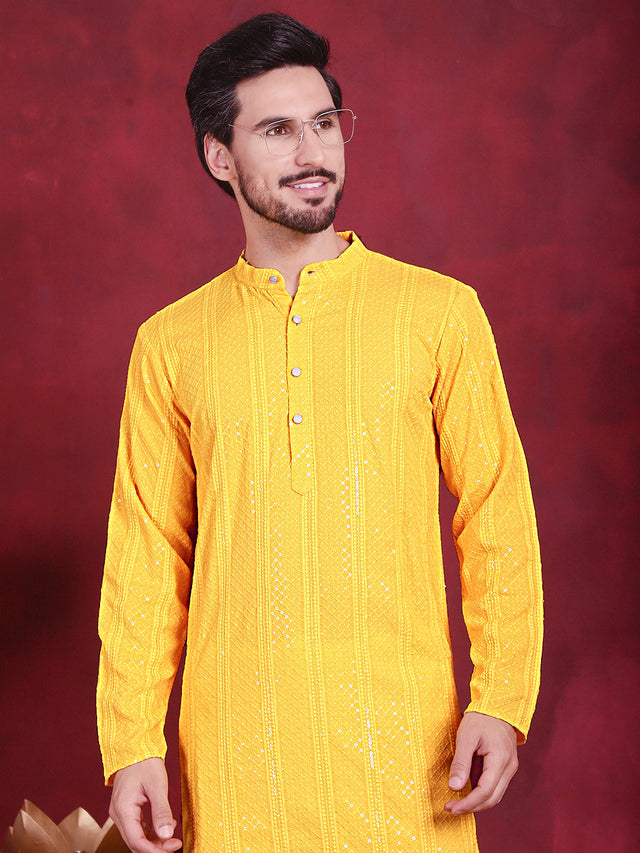 Men's Yellow Sequins Chikankari Embroidered Kurta