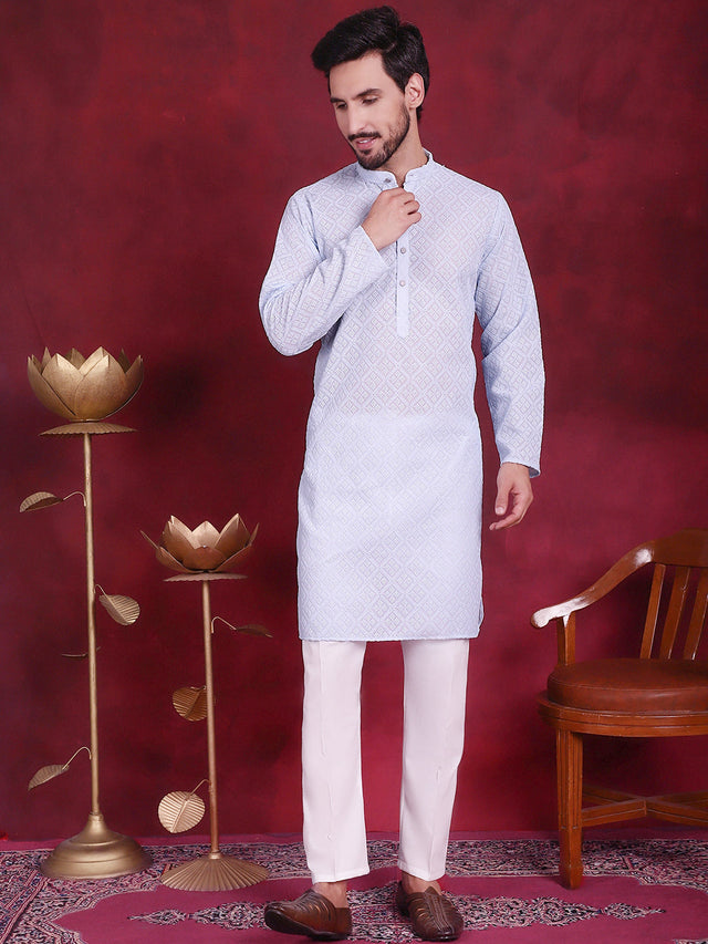 Men's Sky Chikankari Embroidered Kurta
