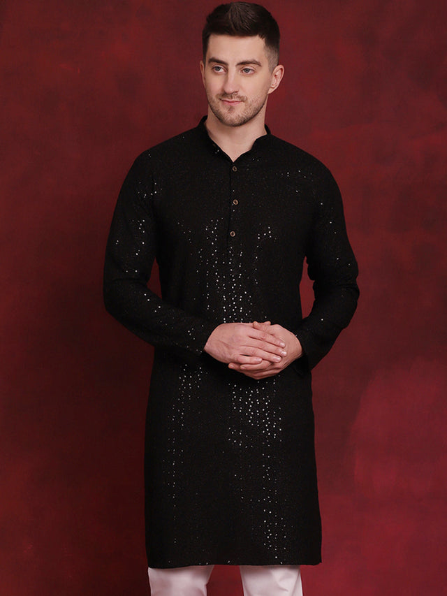 Men's Black Sequins Chikankari Kurta