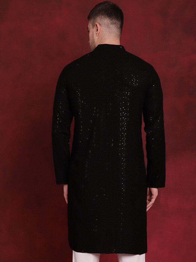 Men's Black Sequins Chikankari Kurta