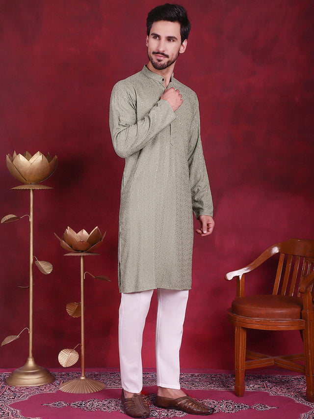 Men's Pista Sequins Chikankari Kurta