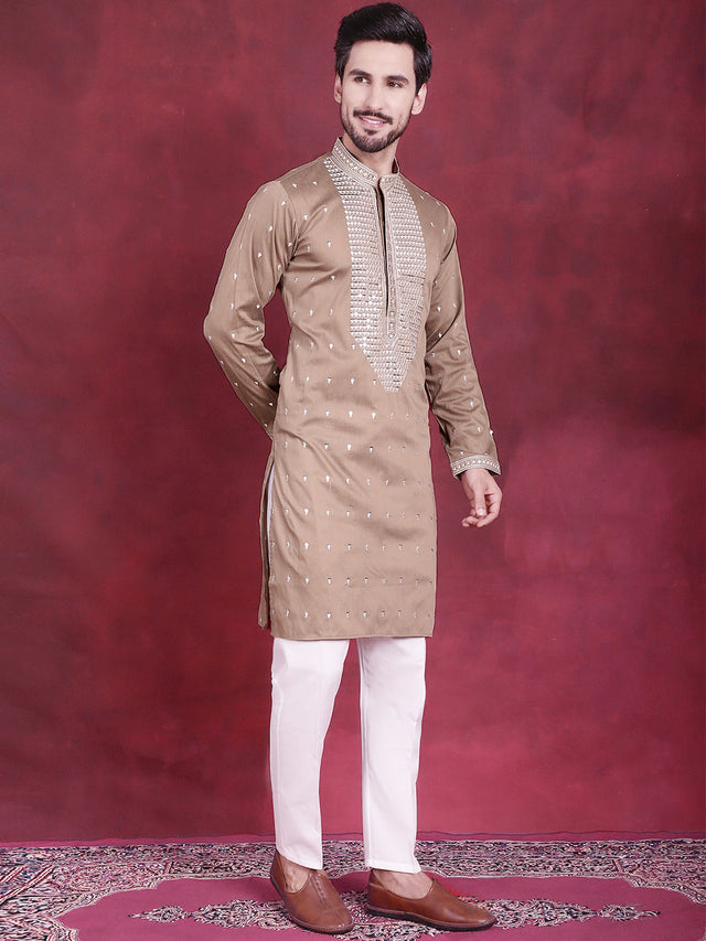 Men's Beige Sequins Embroidered Kurta (KO_5019Beige)