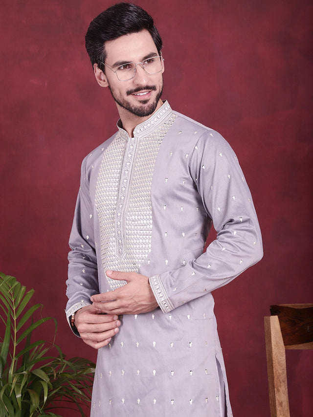 Men's Grey Sequins Embroidered Kurta